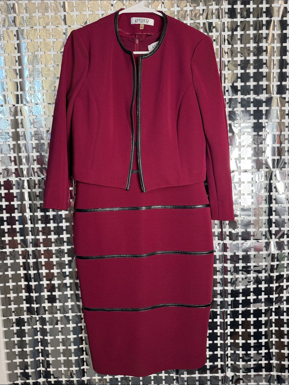 Kasper Women's Burgundy Midi Dress and Jacket Set with Black Trim